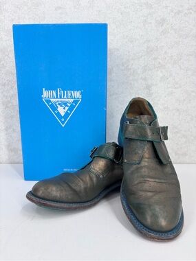 John Fluevog Living 2.0 Ayn Bronze & Teal Leather Monk Strap Buckled Shoes, 9